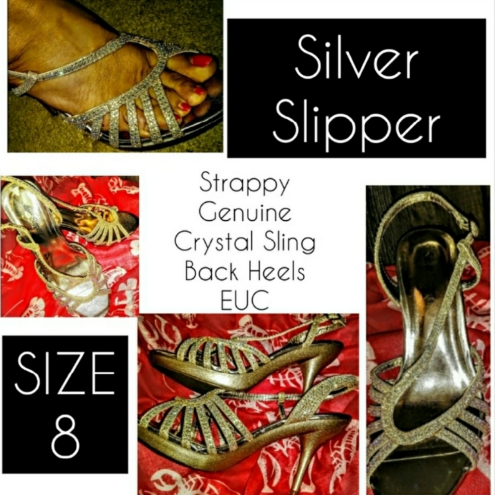 Silver Slipper Heels Size 8 Sling Back Crystal EUC - Picture 2 of 11